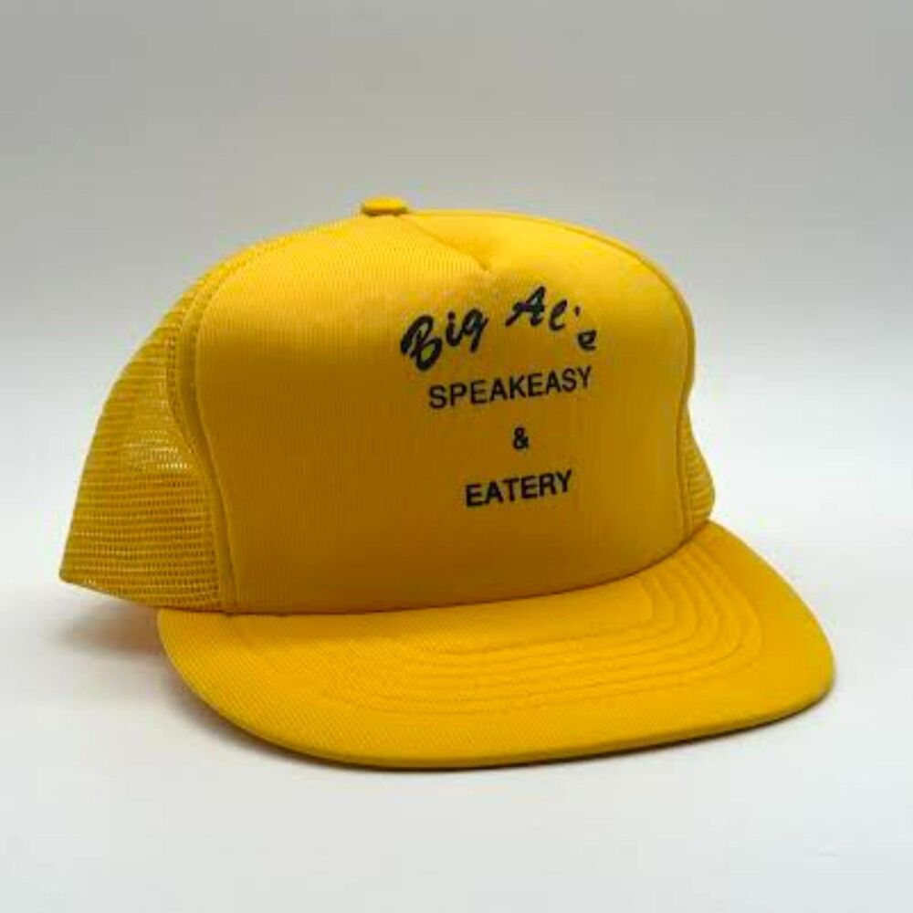 80s Vintage Big Al's Speakeasy & Eatery Hat Mesh Trucker Style Yellow SnapBack